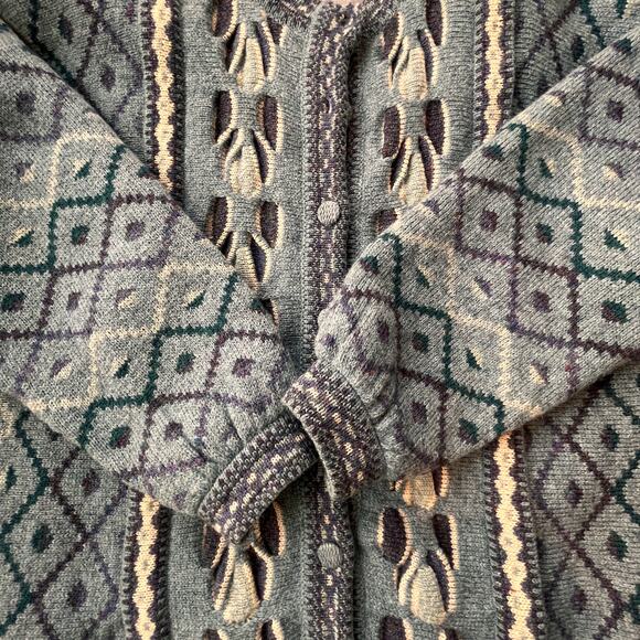 Bebhinn Marten Irish Wool Cardigan Sweater Green Blue Diamond Knit Made Ireland - Picture 4 of 13